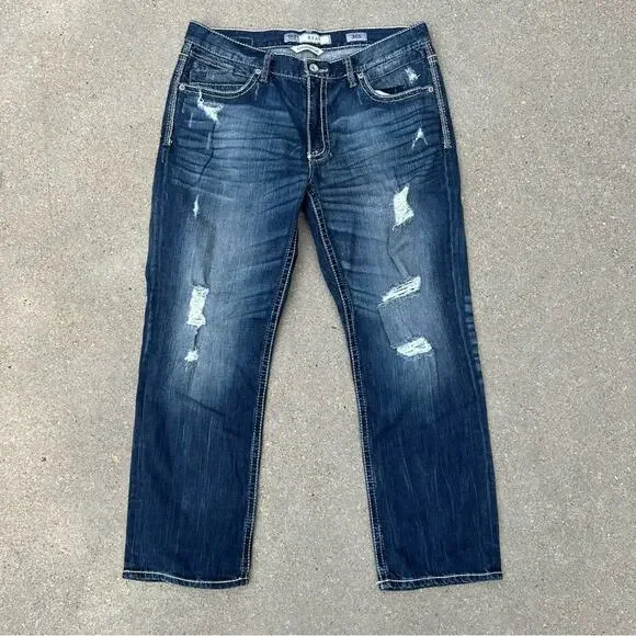 BKE Ryan 36S Distressed Dark Wash Straight Leg Jeans